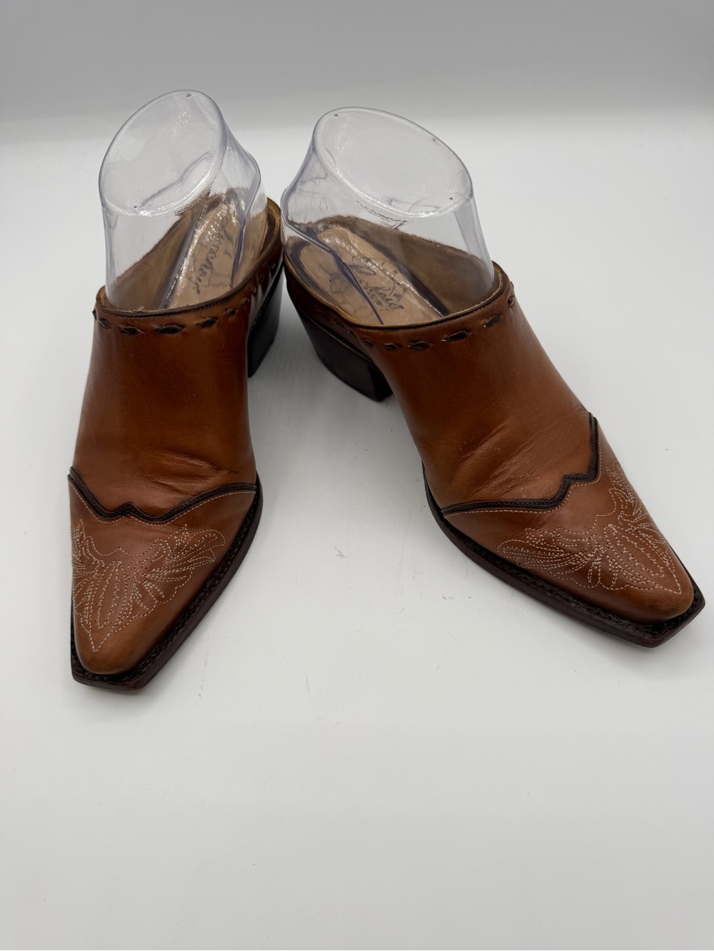 Lucchese Leather Mules Brown Western Stitching Pointed Toe Womens 6 B